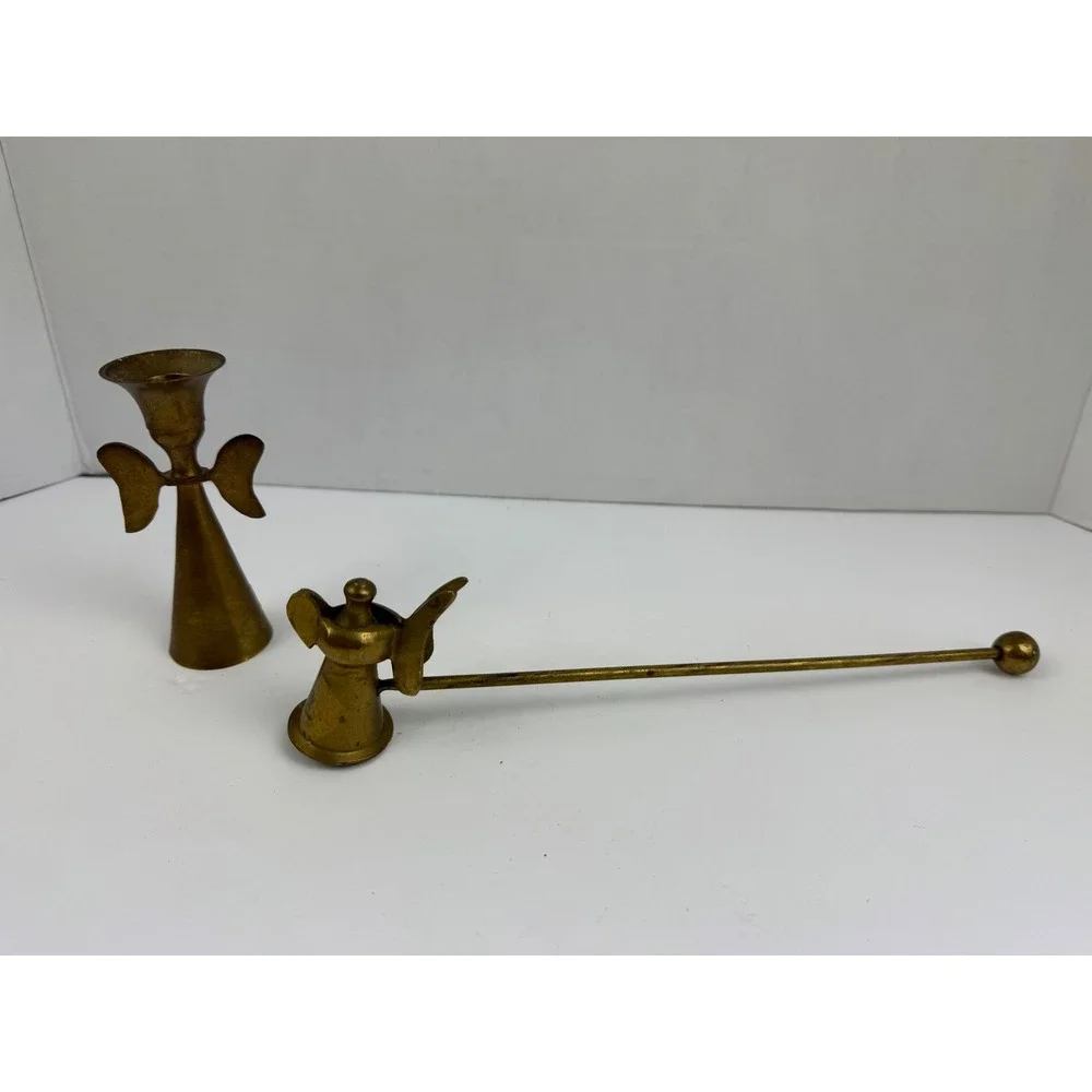 Vintage Brass Angel Candle Holder and Snuffer Set Made in India Gold Taper 2pc